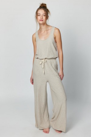 Beige Spiritual Gangster Ballet Rib Wide Leg Perfect Women's Jumpsuit | 19803-FLJC