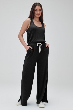 Black Spiritual Gangster Ballet Rib Wide Leg Perfect Women's Jumpsuit | 58436-KEUY