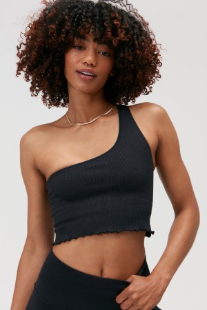 Black Spiritual Gangster Luna One Shoulder Seamless Women's Tanks | 52604-RQES