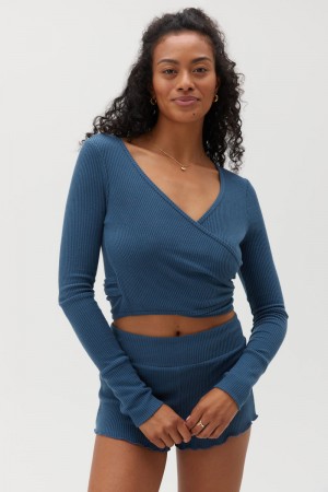 Deep Blue Spiritual Gangster Reversible Ballet Rib Wrap Women's Sweaters | 83291-SOVD