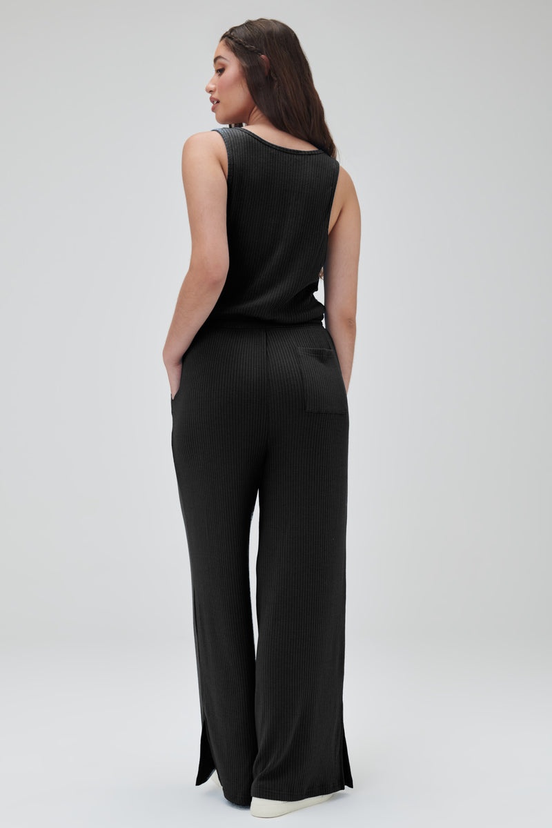 Black Spiritual Gangster Ballet Rib Wide Leg Perfect Women's Jumpsuit | 58436-KEUY