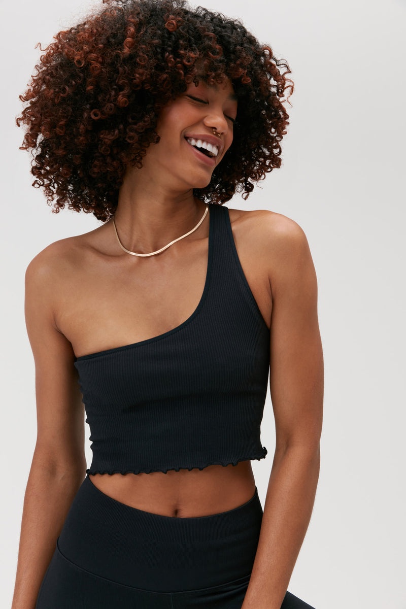 Black Spiritual Gangster Luna One Shoulder Seamless Women's Tops | 41895-NBXE