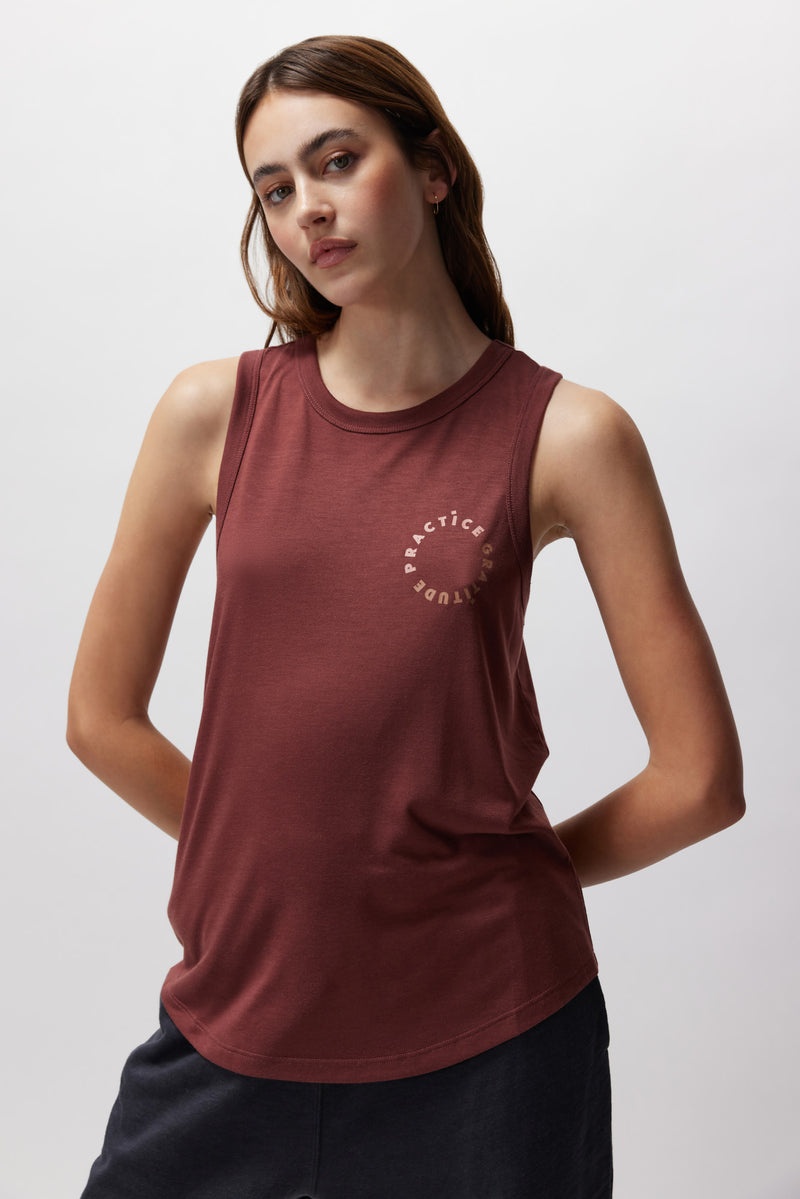 Burgundy Spiritual Gangster Practice Gratitude Namaste Dry Double Twist Women's Tanks | 02547-HYLK