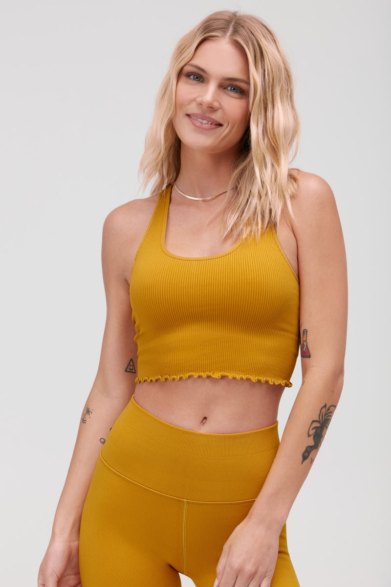 Gold Spiritual Gangster Amor Seamless Crop Women's Tanks | 82153-WZPC