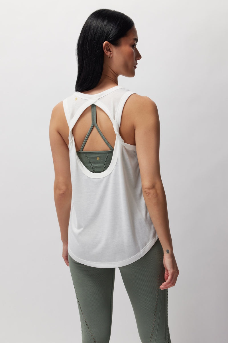 White Spiritual Gangster Eternal Optimist Namaste Dry Double Twist Women's Tops | 12489-JSLA